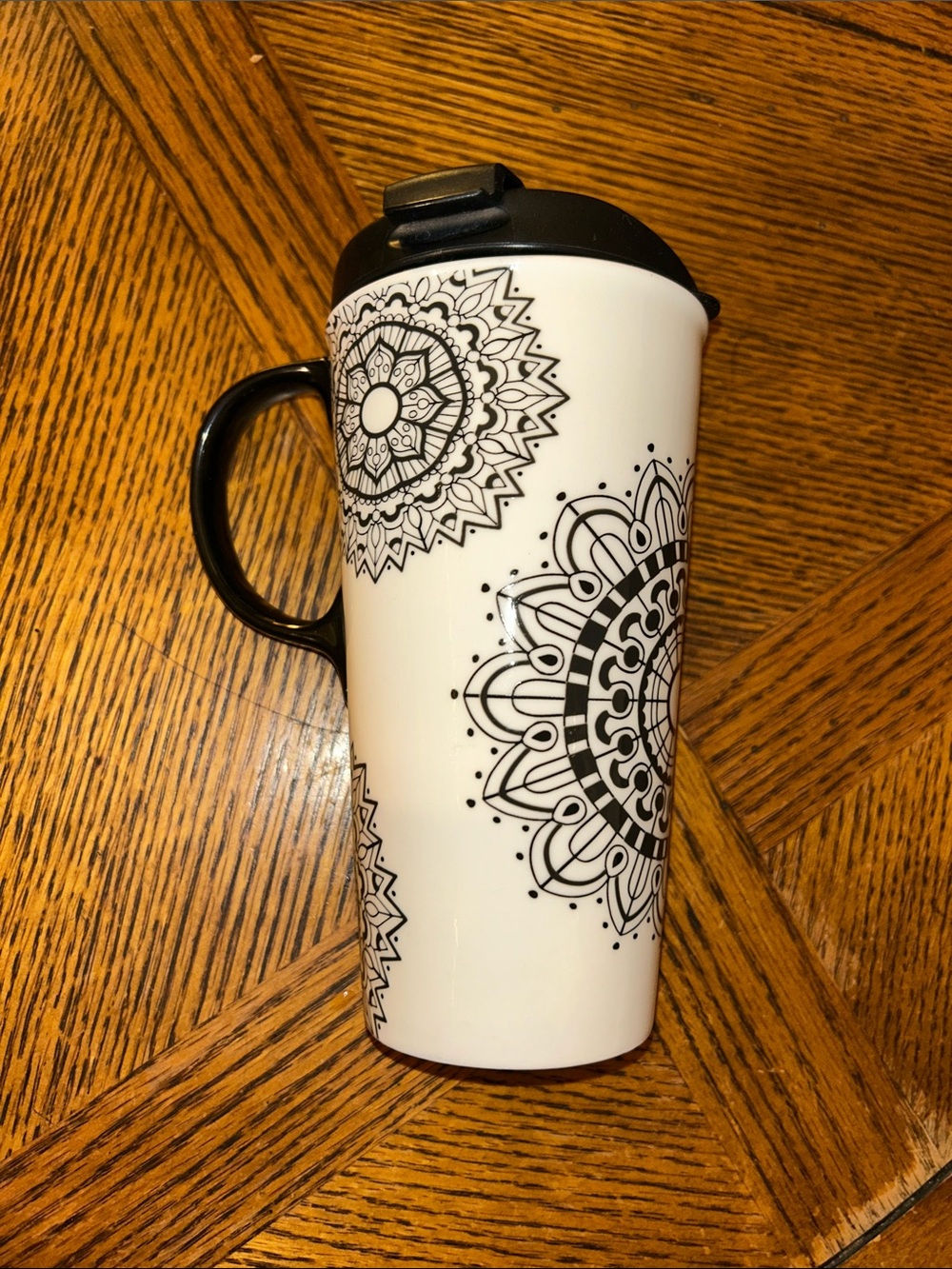 Cypress Home: Ceramic Travel Mug with Lid and Handle - Black and White Mandala